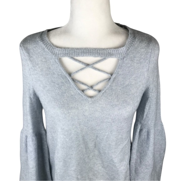 American Eagle Grey Bell Sleeve Lace Up Sweater Size S - Picture 3 of 5
